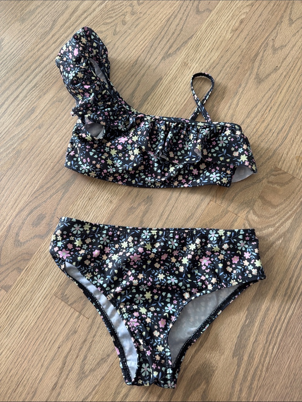 Primark Black Floral One-Shoulder Ruffle Kids Bikini with Pastel Flowers